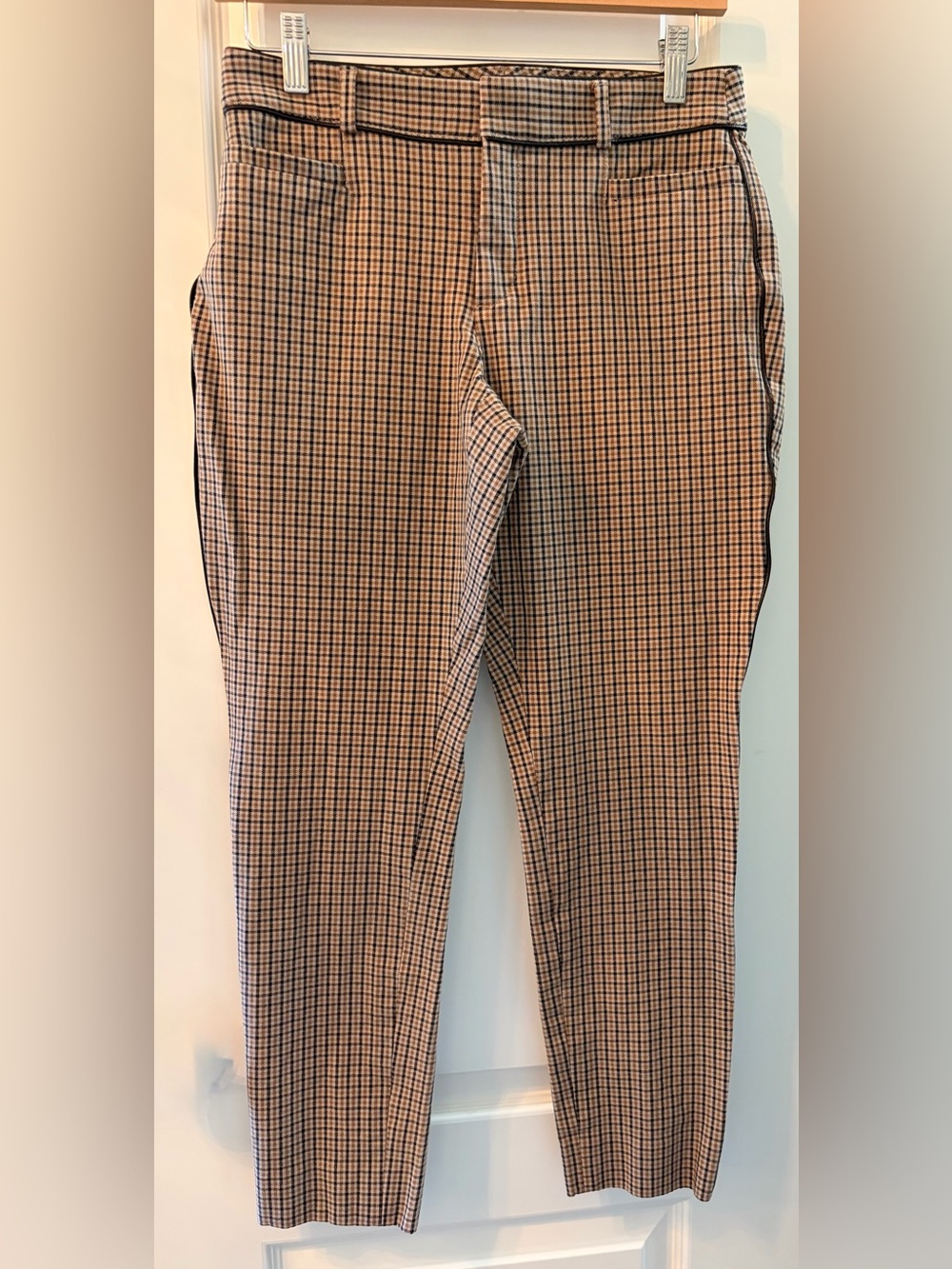Banana Republic Sloan Women’s Tan and Black Plaid Dress Pants Leather Piping